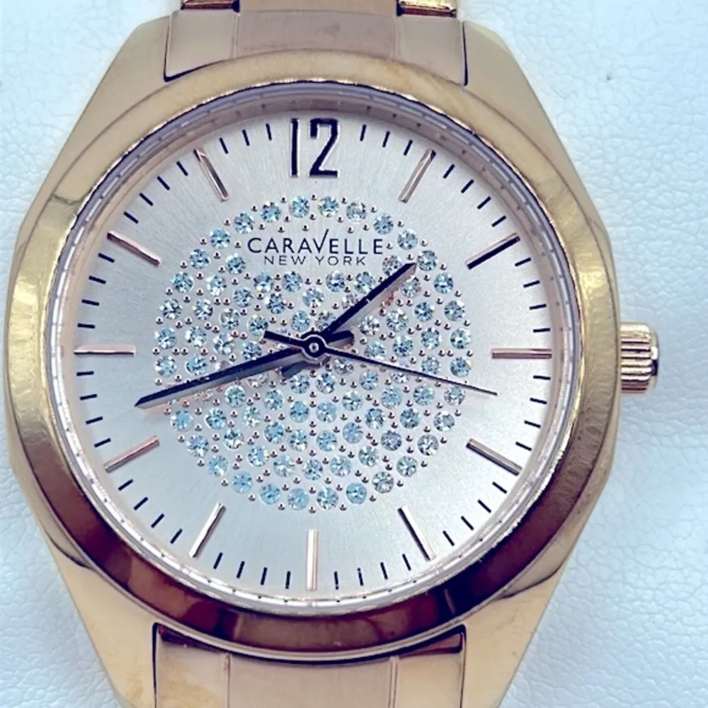 Working! Caravelle New York Rose Gold Rhinestone Face Ladies Watch